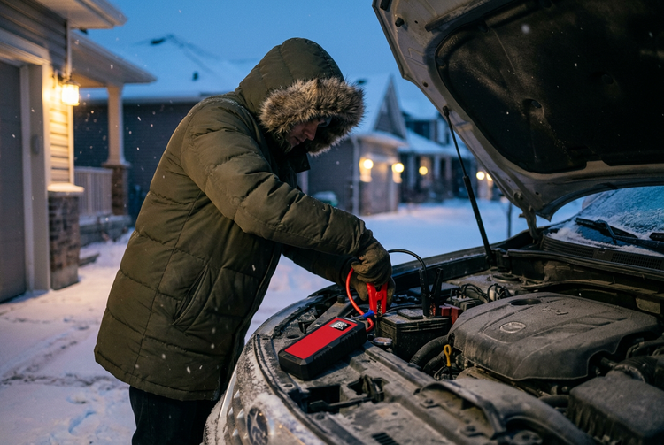 Driver jump-starting a car with the PowerStart Pro in a snowy driveway