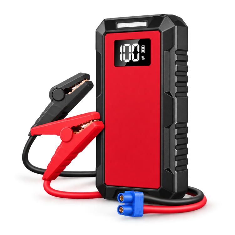 Red and black portable 12V car jump starter with clamps